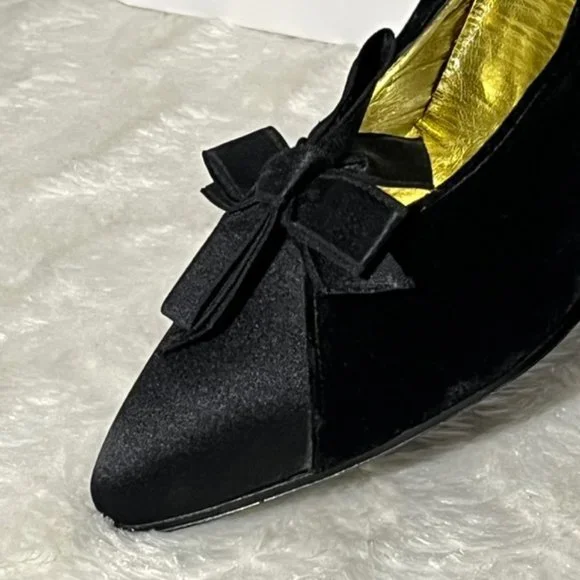 Vintage CHANEL Black Velvet Pumps With Satin Trim And Removable Bow Size EU 37.5 - Picture 7 of 15